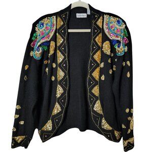 VTG Cristina Womens 80s Silk Blend Retro Sequin Beaded Open Front Cardigan Large